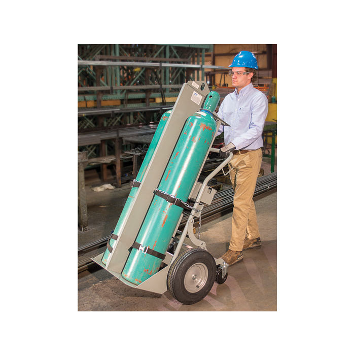 Justrite Double Cylinder Hand Truck W/ Firewall & Hoist Ring, 16 In Pneumatic Wheels, Rear Casters & Tool Box