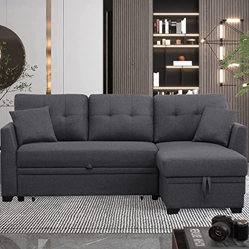 Sectional Sofa with Pull Out Bed and Reversible Storage Chaise Lounge L-Shaped Linen Convertible 3 Seater Tufted Upholstered Small Modern Couch Sleeper for Living Room Office Apartment (Dark Gray)