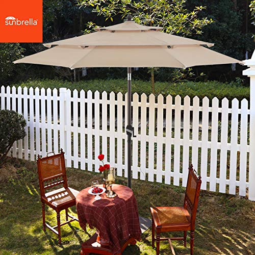 VINEY Deluxe Sunbrella 9 ft. 3 Tier Aluminum Market Umbrella Outdoor Patio Table Umbrellas | Aluminum Frame & Push Button Tilt | 5 Years Non-Fading Sunbrella 100% Acrylic Canopy Canvas Antique Beige
