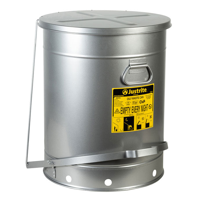Justrite 21 Gallon, Oily Waste Can, Hands-Free, Self-Closing Cover, SoundGard™, Silver
