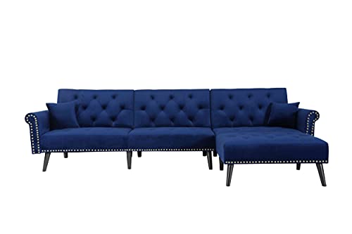 Tulib Button Tufted Convertible Sofa Bed, L Shape Sectional Couch Sleeper with 2 Pillows, Adjustable Back, for Living Room Furniture, Navy Blue