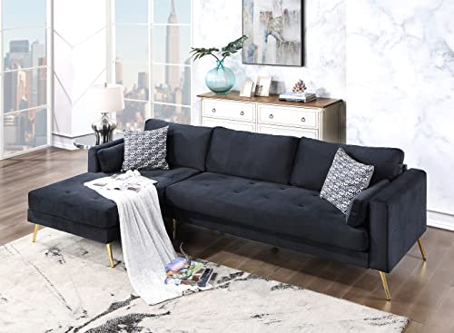 P PURLOVE Modern Sectional Sofa, L-Shape Upholstered Couch with Modern Elegant Velvet, Sofa sectionals for Living Room with Two Pillows, for Living Room Apartment, Black