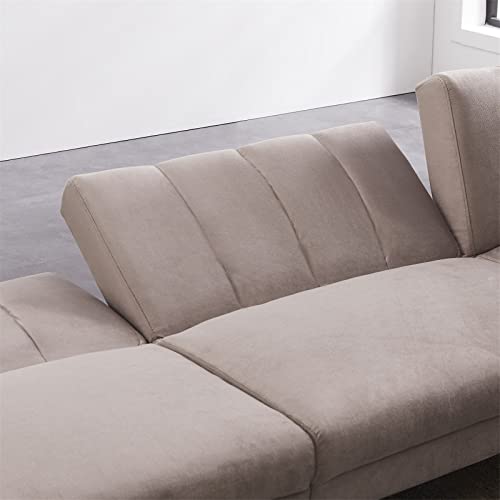 Velvet Sectional Futon Sofa Bed, Convertible Sleeper Sofa Bed with Reversible Chaise, Plastic Legs and 2 Pillows, Couch for Living Room, Apartment, Office - Light Grey