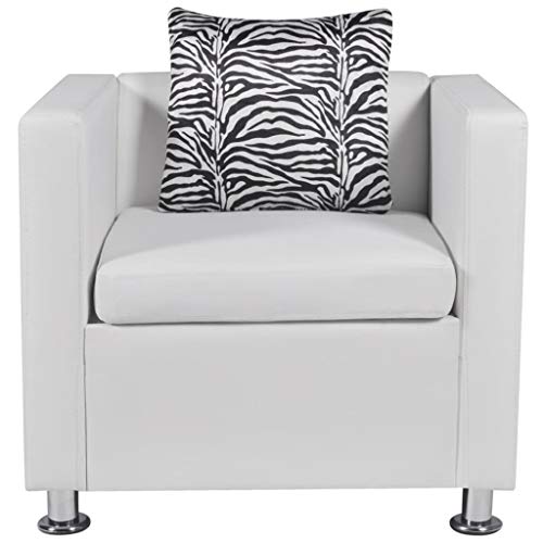 Living Room Furniture Set Cube Armchair and Loveseat Sofa Couches, Modern Faux Leather Upholstery and Wooden Frame Sofa Set, White