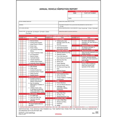 JJ Keller 3 Ply Annual Vehicle Inspection Report, Carbonless, Personalized (Pack of 500)