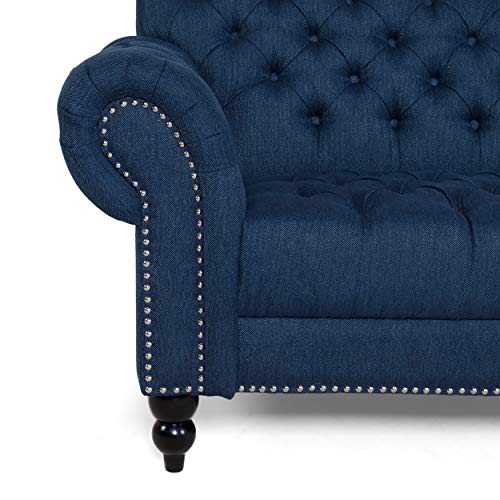 Christopher Knight Home Nathan Chesterfield Button Tufted Fabric 3 Seater Sofa, Navy Blue, Dark Brown