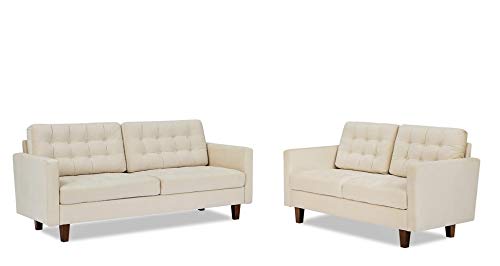 Container Furniture Direct Brittany Mid Century Modern 3 Seater Living Room Velvet Sofa Set, 2 Piece, Ivory
