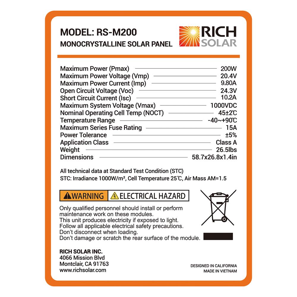 Rich Solar RS-M200 200 Watt 12 Volt Solar Panel New