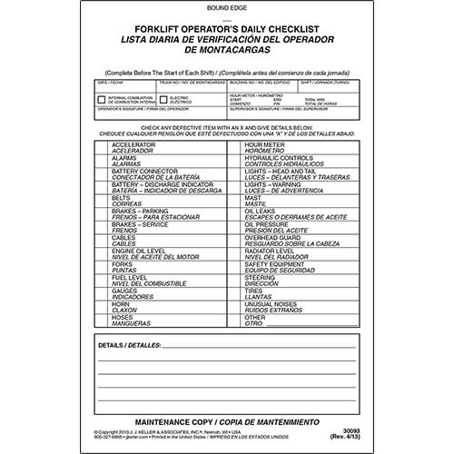 JJ Keller Forklift Operator's Daily Checklist Bilingual, Personalized (Pack of 150)