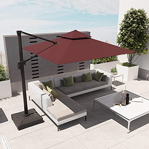 ZUMEI 10 Feet Outdoor Patio Umbrella Table Market Umbrella with Tilt and Crank with 8 Sturdy Steel Ribs with Double Top Square Deluxe Fade-Resistant Fabric Waterproof UV Protection for Garden Deck Backyard Swimming Pool, Wine Red