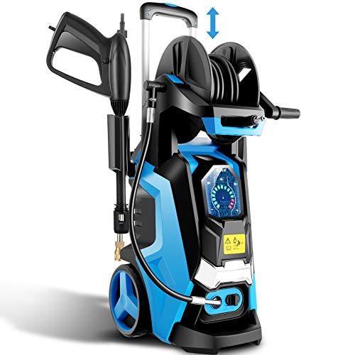 TEANDE Electric Pressure Washer 3800 PSI Smart High Pressure Power Washer 2.8 GPM 1800W Powerful Cleaner Machine with Hose Reel, 4 Nozzles, Touch Screen 3 Gear Level,15 Level Pressure(Blue)