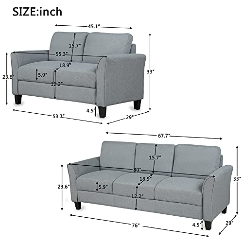 P PURLOVE Upholstered Linen Fabric Living Room Sofa Set, Loveseat Sofa and 3-seat Sofa (Loveseat+3 Seat, Gray)