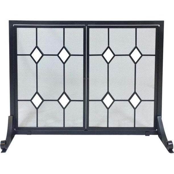 Dagan Black Wrought Iron With Glass Diamond Fireplace Panel Screen