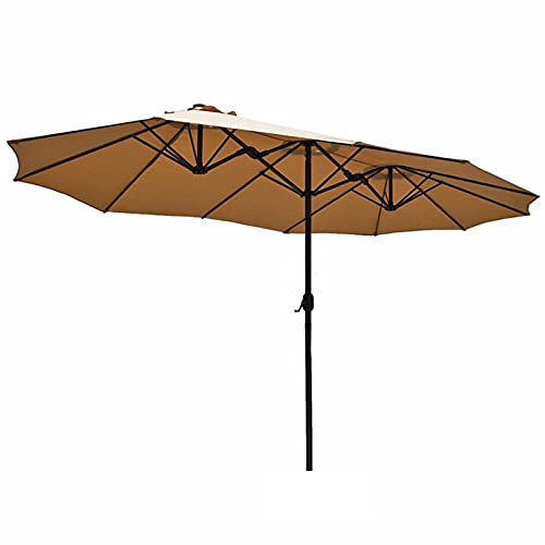 HWF 15ft Patio Umbrella Double-Sided Outdoor Market Extra Large Umbrella with Crank, Waterproof Garden Parasol UV 50+ Protection, Khaki