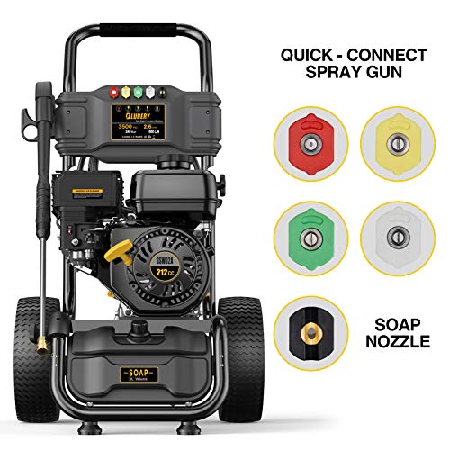 BLUBERY 3500PSI Gas Pressure Washer, 13'' Pneumatic Anti-Skid Tires, 50FT Hose&Soap Container, 2.6GPM 212CC Power Washer, 5 Adjustable Nozzles, CARB&EPA CERT