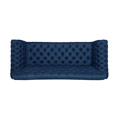 Christopher Knight Home Nathan Chesterfield Button Tufted Fabric 3 Seater Sofa, Navy Blue, Dark Brown