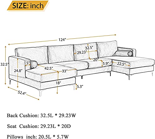 GAOPAN Modern Stylish Elegant Velvet Upholstered Sectional Sofa with Two Pillows, Home Villa Living Room Furniture Set U-Shape Symmetrical 4 Seaters Couch W/Double Wide Chaise Lounge,Black