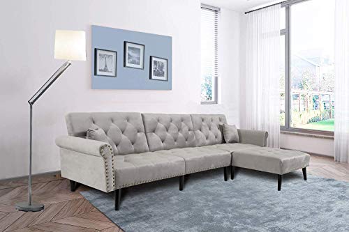 FCNEHLM L Shape Sectional Couch Reversible Chaise, Adjustable Back Convertible Sofa Bed Sleeper with 2 Pillows for Living Room Furniture, Light Grey Velvet