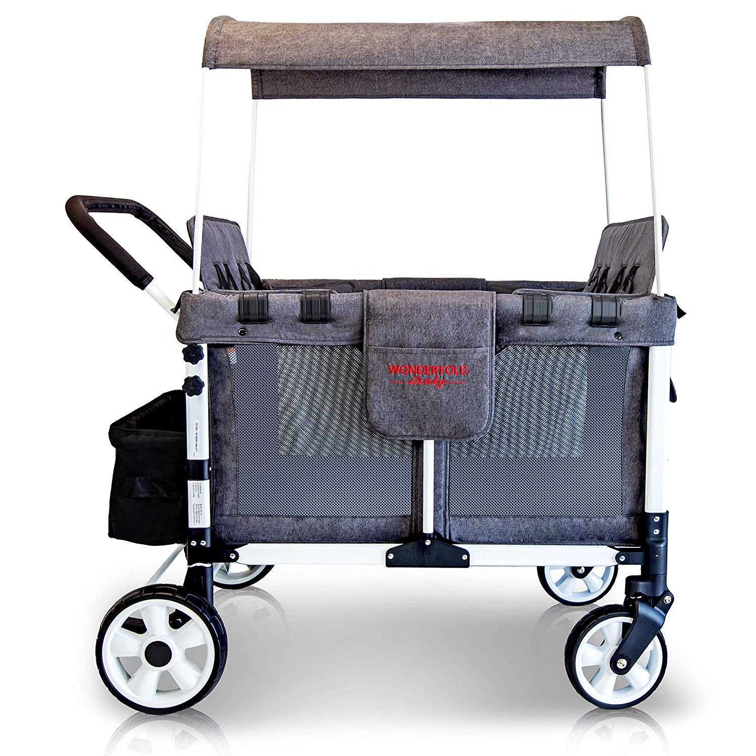WonderFold Baby Multi-Function Folding Quad Stroller Wagon with Removable Canopy and Seats Gray New