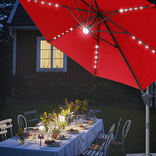 Blissun 10ft Offset Umbrella with 36 Solar LED Lights, Hanging Lighted Patio Umbrella with 360° Rotation, Outdoor Cantilever Umbrella, Outside Solar Umbrella for Garden, Backyard, Patio, Pool, Red