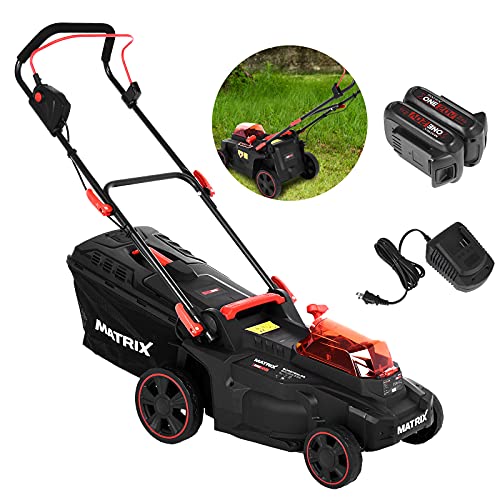 QAZQ 40V 16 Inch Brushless Motor Cordless Lawn Mower, 6 Levles of Height Adjustable for Power and Runtime, Smart Cut Pace Self-Propelled Lawn Mower, 2 x 2Ah USB Batteries and Charger Stand Included