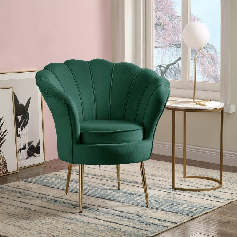 Angelina Velvet Scalloped Back Barrel Accent Chair with Metal Legs - Green