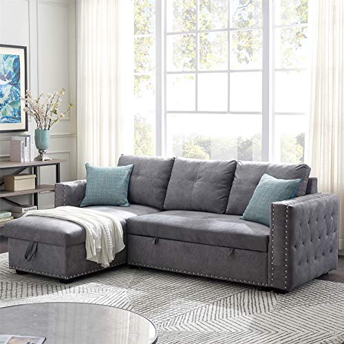 Reversible Sleeper Sofa,Sectional Sleeper Sofa with Pull Out Bed, Corner Sofa Bed with Storage, 3-seat Sectional Sofa with Nail-Head for Living Room & Apartment,91