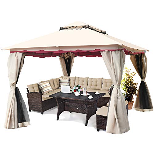 Tangkula 13x10 Feet Patio Steel Gazebo, Large Outdoor Canopy Gazebo with Netting, Side Walls, Zippers, 2 Tier Roof, Steel Canopy Gazebo for Patio, Yard, Garden