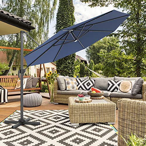 SPSUPE 10 FT Patio Cantilever Umbrella, Solar Powered LED with Center Light, Crank Handle, Aluminum Outdoor Offset Umbrella for Garden Backyard Pool Beach (Navy blue)