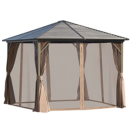 Outsunny 10' x 10' Outdoor Hardtop Patio Gazebo Steel Canopy with Aluminum Frame, Mesh Nettings, Curtains, & Top Hook, Light Brown