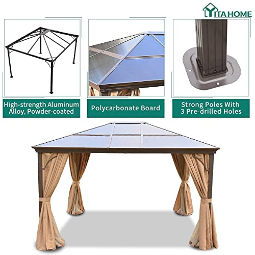 YITAHOME 10x12 ft Hardtop Aluminum Polycarbonate Gazebo, Outdoor Canopy Gazebos for Patio, with Mosquito Netting and Privacy Curtain for Garden, Backyard, Deck, Lawns