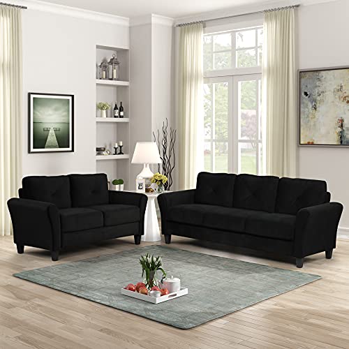Longrune Modern Sofa Sets for Living Room 2 Piece,Tufted Upholstered Loveseat Couch Track Arm Classic Mid-Century for Home or Office (2+3 Seat), Black