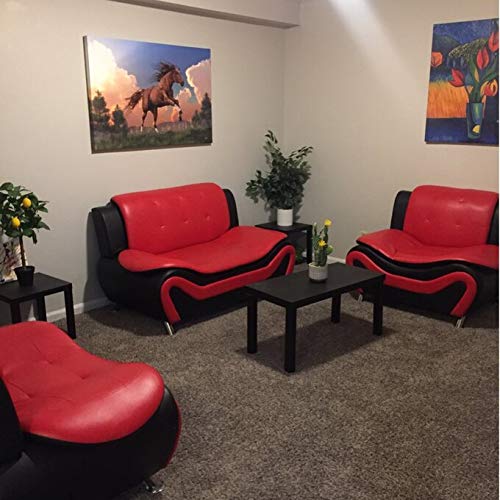 Lifestyle Furniture 3 Pieces Modern Sofa Set with Sofa and Loveseat and Chair, Black + Red, Faux Leather