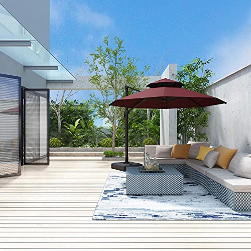 MORITIA 10 Feet Outdoor Patio Umbrella Round Deluxe Aluminum Offset Hanging Umbrellas with Double Top for Market Garden Deck Backyard Pool 360° Rotation & 5 Grades of Tilting System (Wine Red) (Base Not Included)