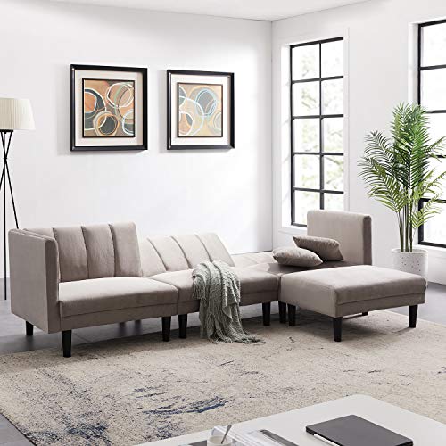 106'' Velvet Reversible Sectional Sofa Sleeper Sofa Bed with Plastic Legs(Light Grey)