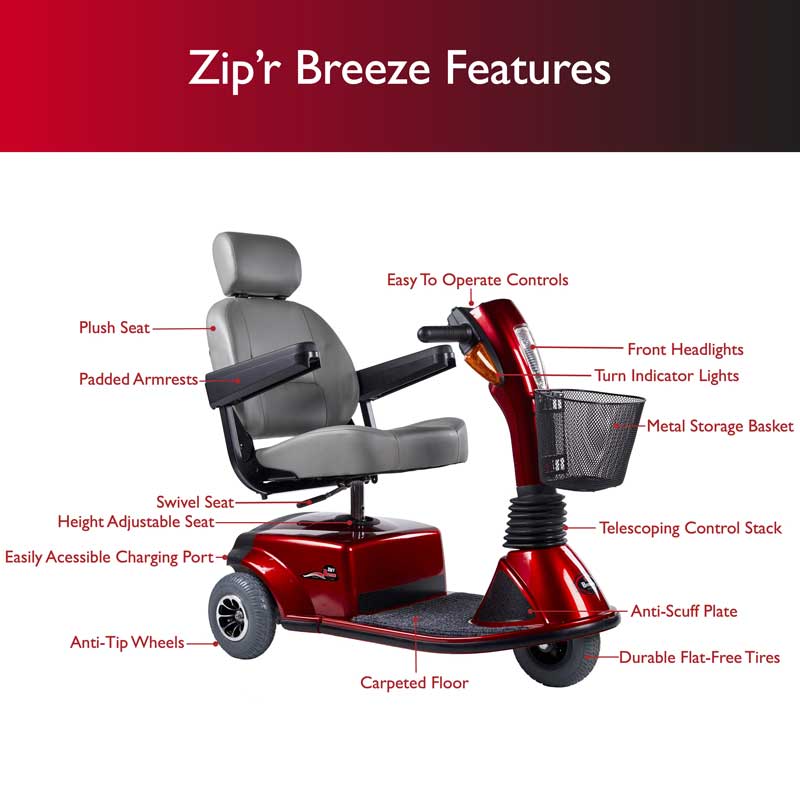 Zip'r Breeze 3-Wheel 24V 250W Heavy Duty Mobility Scooter Red New