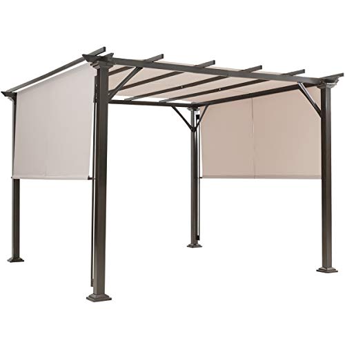 Tangkula 10 X 10FT Outdoor Pergola Gazebo, Outdoor Patio Furniture Sturdy Steel Frame Sun Shelter w/Retractable Canopy Shades, Rustproof Metal Pergola for Patio, Backyard, Garden (Beige)