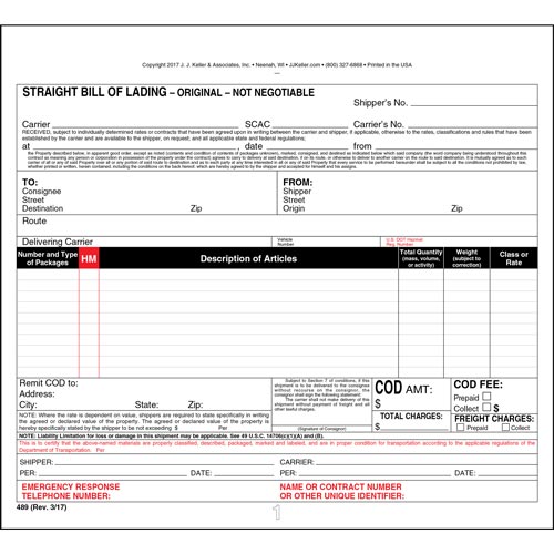 JJ Keller Straight Bill of Lading Universal Form (Pack of 500)