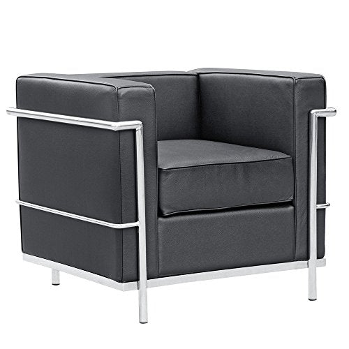 Mid Century Modern Classic Le Corbusier LC-2 Style Replica Cube Sofa Chair (1 Seater) with Premium Black PU Leather and Encasing Stainless Steel Frame