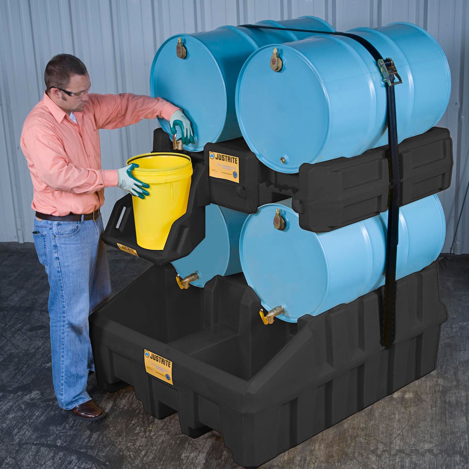 Justrite EcoPolyBlend™ Drum Management Dispensing Shelf Mounts to Stack Module, Recycled Polyethylene