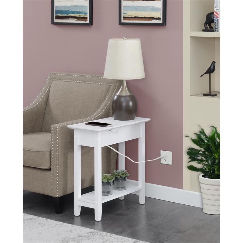 American Heritage Flip-Top End Table with Charging Station in White Wood Finish