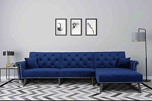 Tulib Button Tufted Convertible Sofa Bed, L Shape Sectional Couch Sleeper with 2 Pillows, Adjustable Back, for Living Room Furniture, Navy Blue