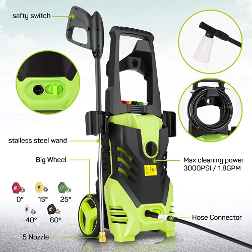 Pressure Washer Homdox 2950PSI 1.7GPM Electric Pressure Washer, 1800W High Car Pressure Washer, Power Washer with with Hose Reel & Detergent Tank & 5 Nozzles