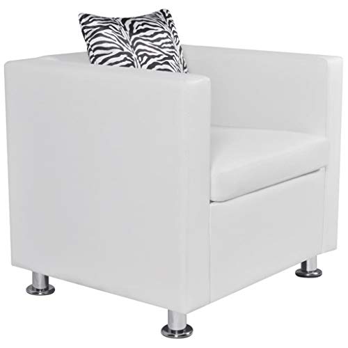 Living Room Furniture Set Cube Armchair and Loveseat Sofa Couches, Modern Faux Leather Upholstery and Wooden Frame Sofa Set, White