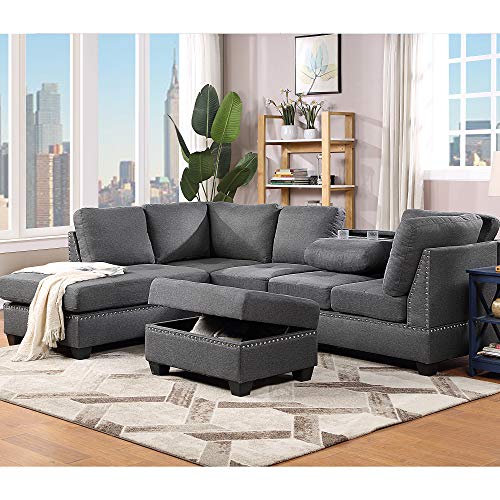 Sectional Sofas 3-Seat Sofa Sectional Sofa Couches with Reversible Chaise Storage Ottoman and 2 Cup Holders, Sofa Lounge and Ottoman for Living Room Furniture