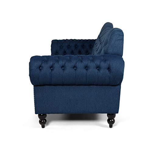 Christopher Knight Home Nathan Chesterfield Button Tufted Fabric 3 Seater Sofa, Navy Blue, Dark Brown