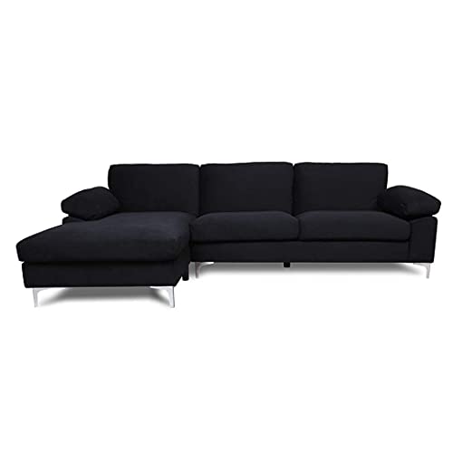 Sectional Sofa with Chaise Lounge,L-Shaped Couch for Living Room,Velvet Fabric,Metal Legs,Black Couch