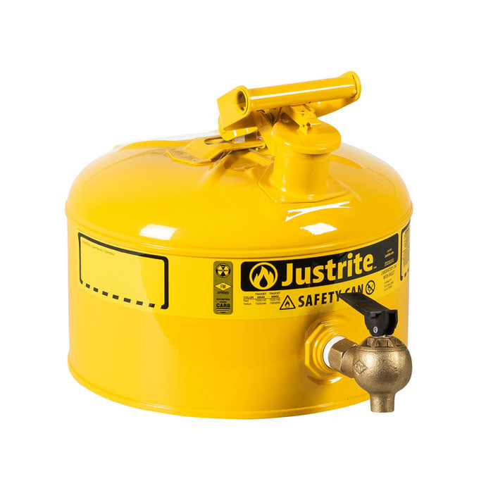Justrite Type I Shelf Steel Safety Can, 2.5 Gallon, Bottom Faucet, Steel