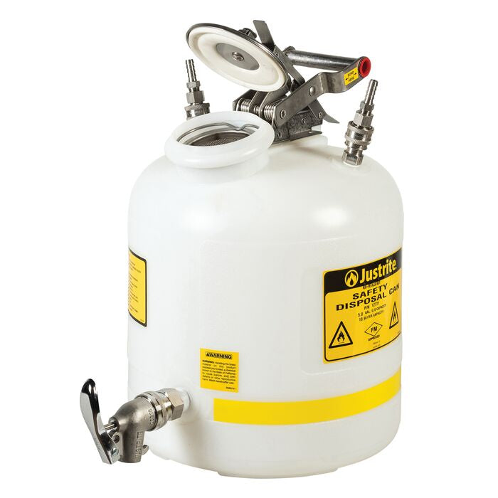 Justrite Disposal Can with Faucet, Quick-Disconnect, Stainless Steel Fittings for 3/8-In Tubing, 5 Gallon, Polypropylene