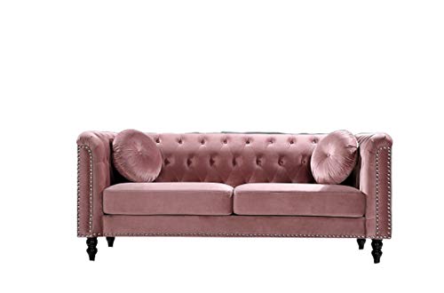 US Pride Furniture Modern Style High Density Foam 75.98'' Wide Rose Velvet Rolled Arm 2 Seater Chesterfield Living Room Removable Cushion & Solid Wood Legs (S5608-5613) Sofas